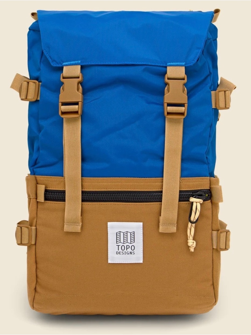 Topo Designs Blue and Tan Roll-Top Rucksack Backpack